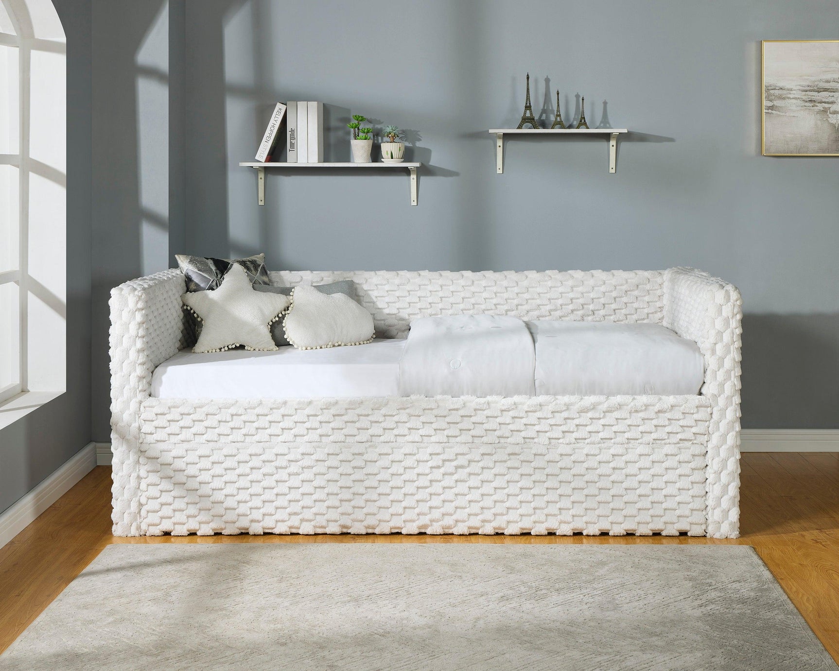 Molly White Dove Velvet Upholstered Trundle Daybed side view showing trundle