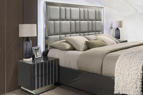 Side view of Mona Gray Upholstered LED Panel Bedroom Set bed