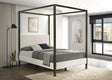 Front angle of Monroe Eastern King Upholstered Canopy Platform Bed in vanilla fabric and bronze frame