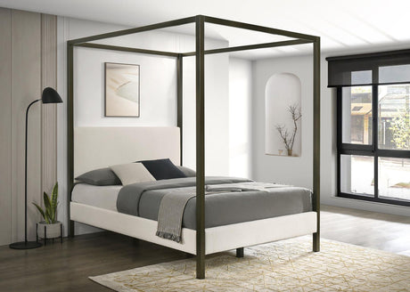 Front angle of Monroe Eastern King Upholstered Canopy Platform Bed in vanilla fabric and bronze frame