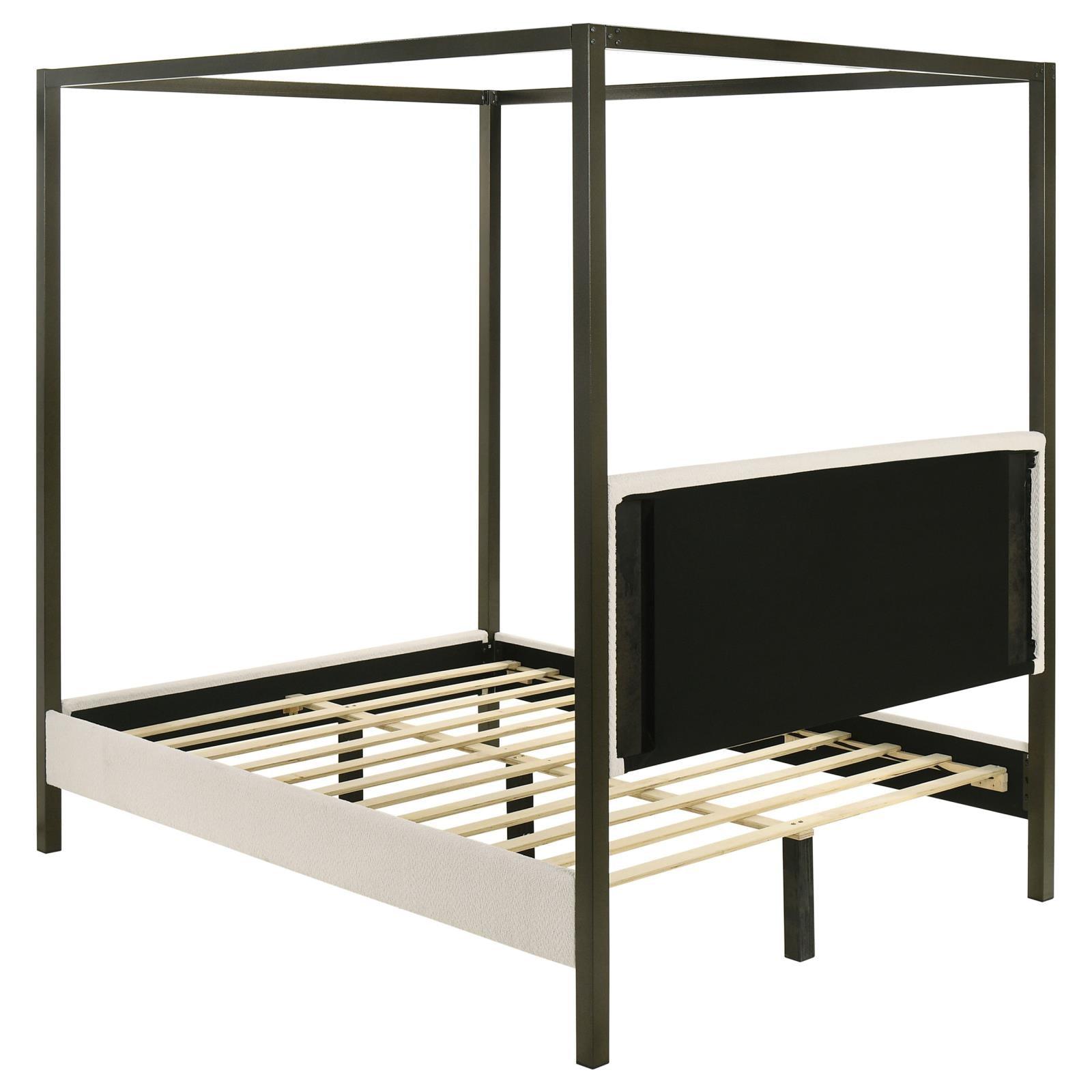 Detailed view of wooden slats and center support legs beneath the bed