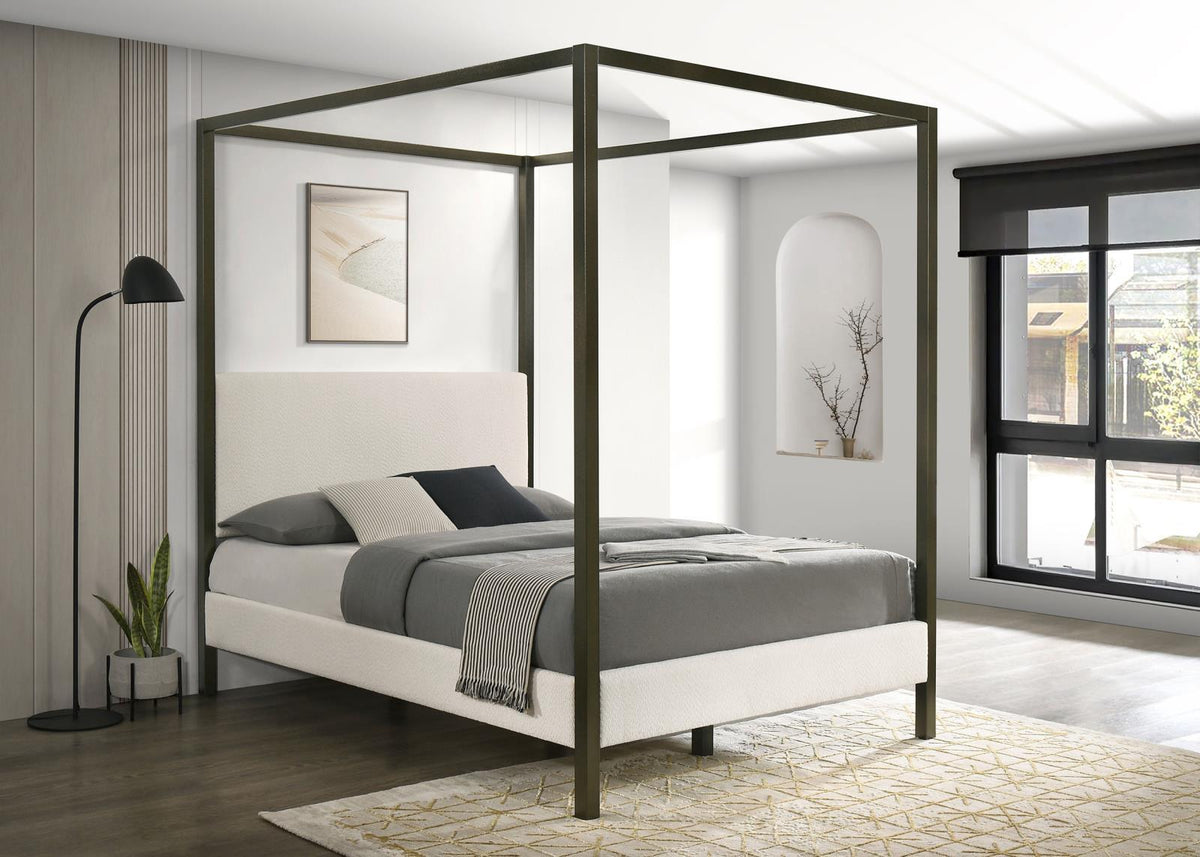 Monroe queen upholstered canopy bed front view in vanilla fabric and bronze finish