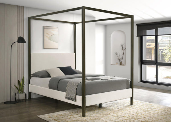 Monroe queen upholstered canopy bed front view in vanilla fabric and bronze finish