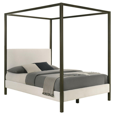 Side angle of Monroe queen canopy platform bed with upholstered headboard