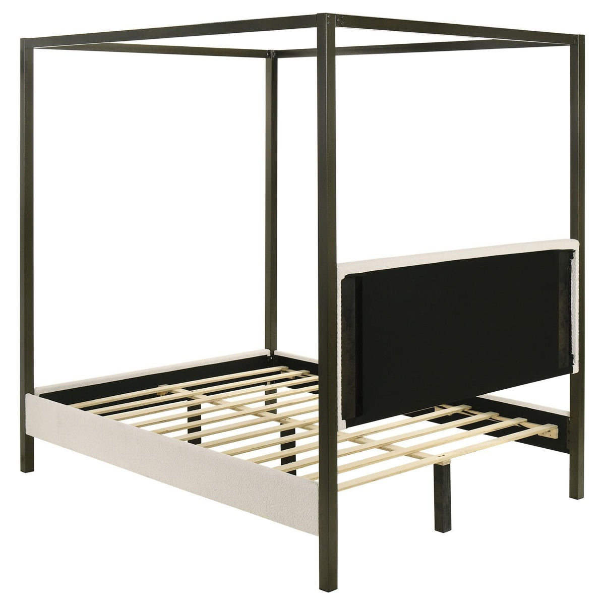 Bronze finished canopy frame of Monroe upholstered queen platform bed