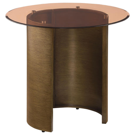 Morena round end table with tawny tempered glass top and brushed bronze metal base - frontal view