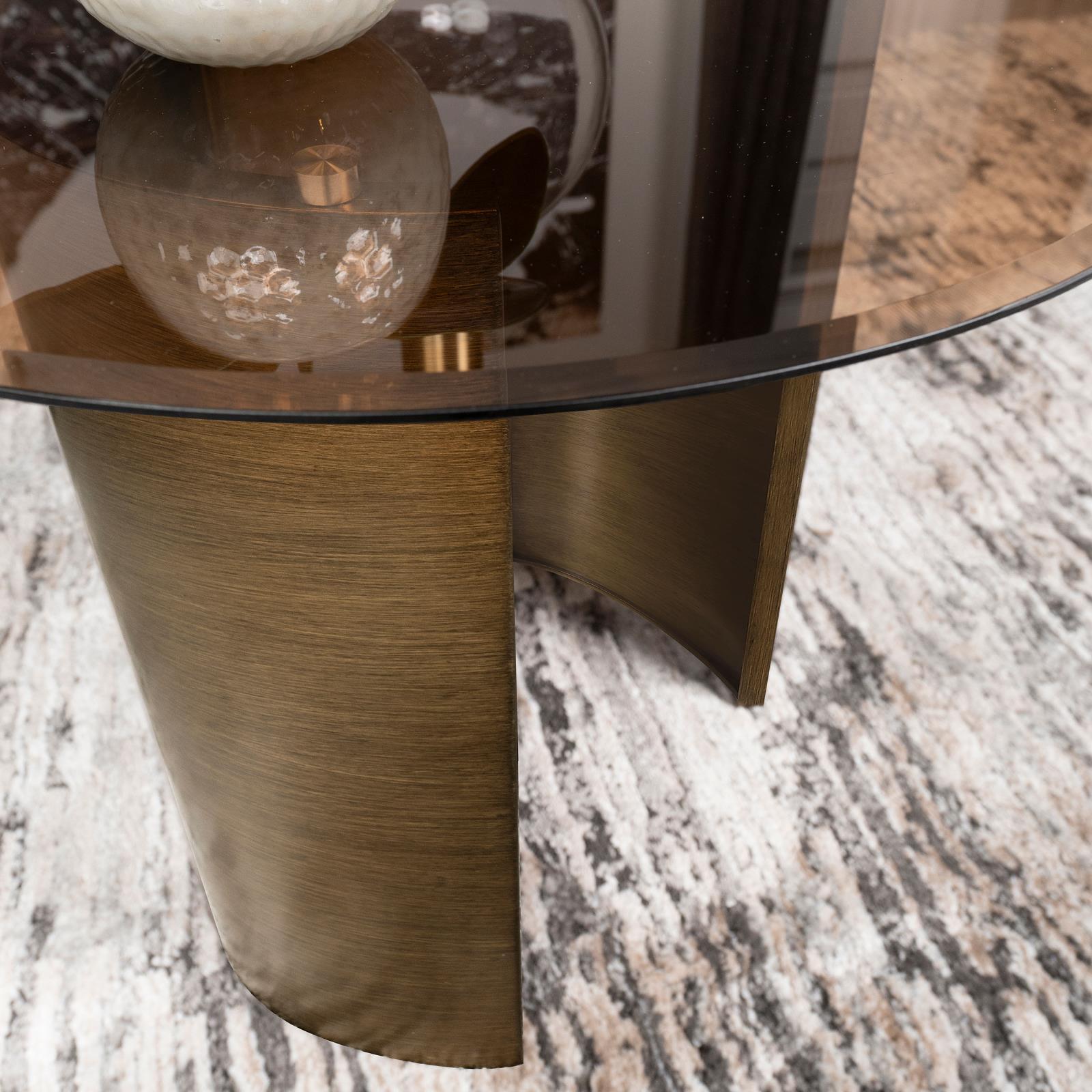 Morena round end table with tawny tempered glass top and brushed bronze metal base