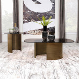 Morena round end table with tawny tempered glass top and brushed bronze metal base