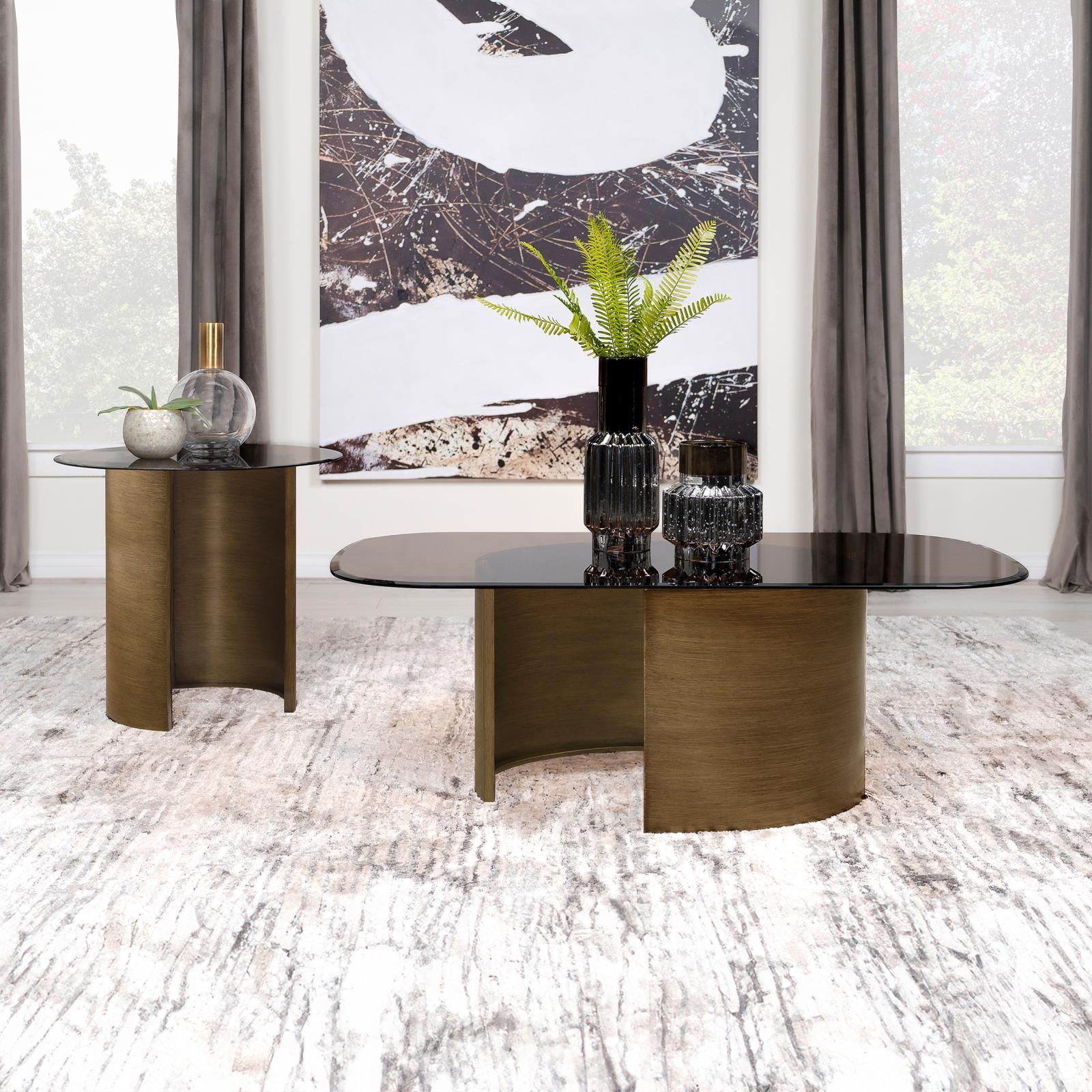 Morena round end table with tawny tempered glass top and brushed bronze metal base