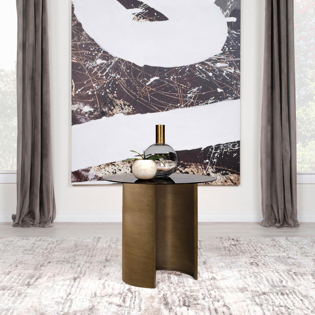 Morena round end table side view showing open metal base