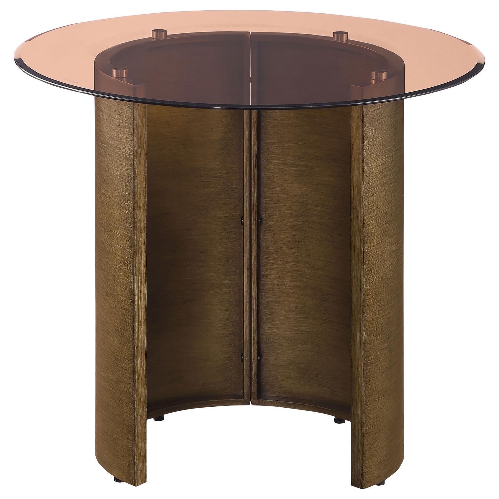 Close-up of tawny tempered glass top on Morena round end table