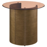 Morena round end table with tawny tempered glass top and brushed bronze metal base