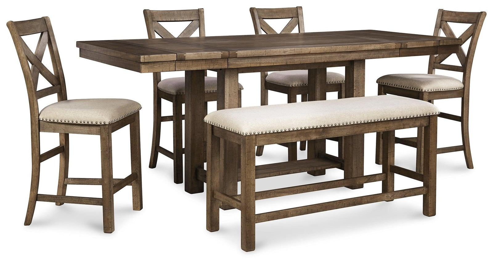 Moriville Grayish Brown Counter Height Dining Table And 4 Barstools And Bench - Ella Furniture