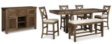 Moriville counter height dining table set with storage server, upholstered bench, and bar stools, side angle