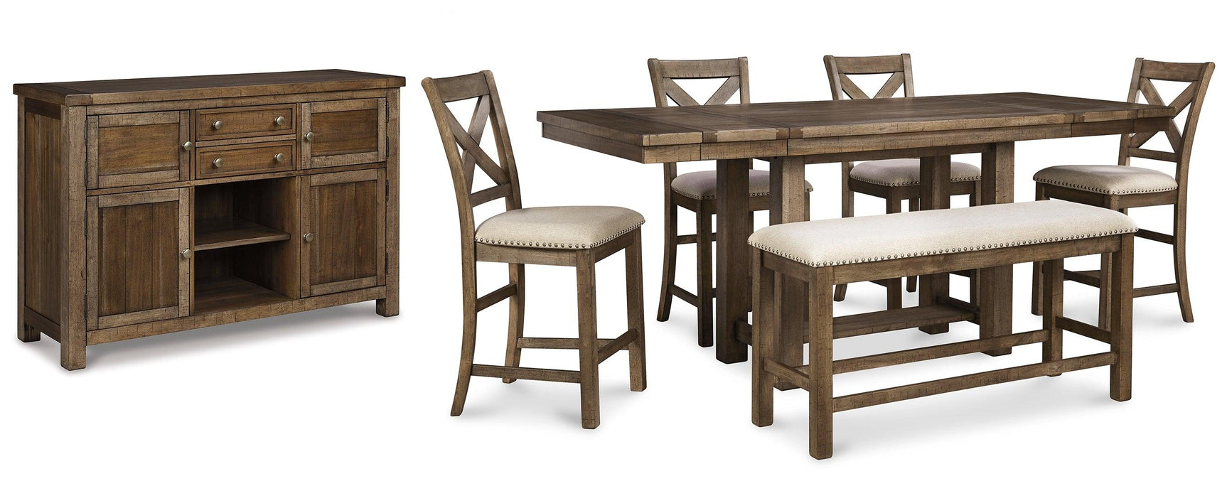 Moriville counter height dining table set with storage server, upholstered bench, and bar stools, side angle