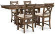 Moriville grayish brown counter height dining table with plank-effect tabletop and 4 upholstered bar stools