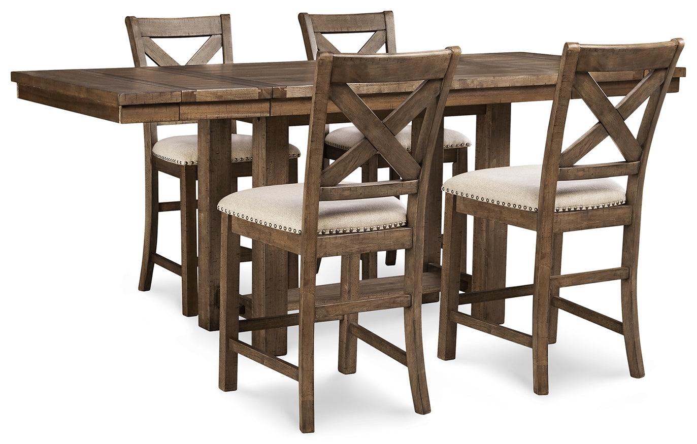 Moriville grayish brown counter height dining table with plank-effect tabletop and 4 upholstered bar stools