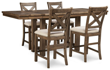 Moriville grayish brown counter height dining table with plank-effect tabletop and 4 upholstered bar stools