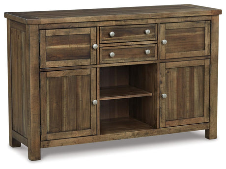 Detailed view of distressed nutmeg finish and antiqued bronze-tone hardware on server drawer