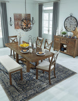 Moriville Grayish Brown Rectangular Dining Room Set fabric and wood detail