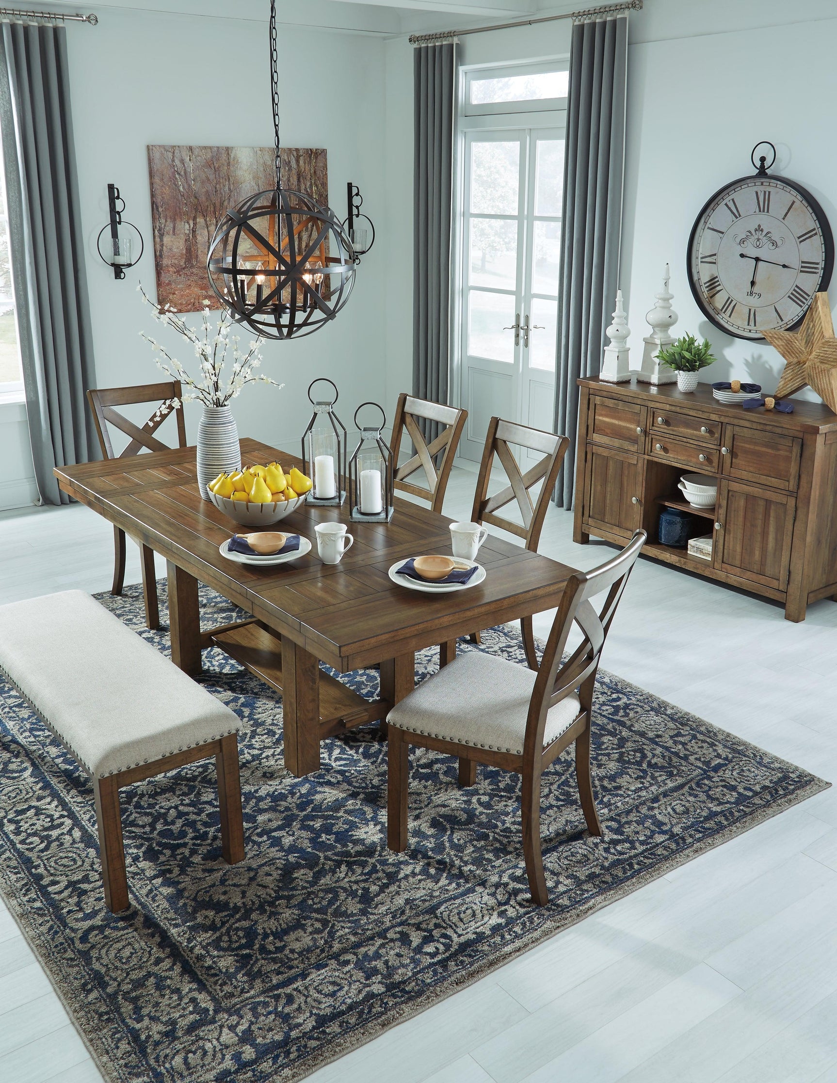 Moriville Grayish Brown Rectangular Dining Room Set fabric and wood detail