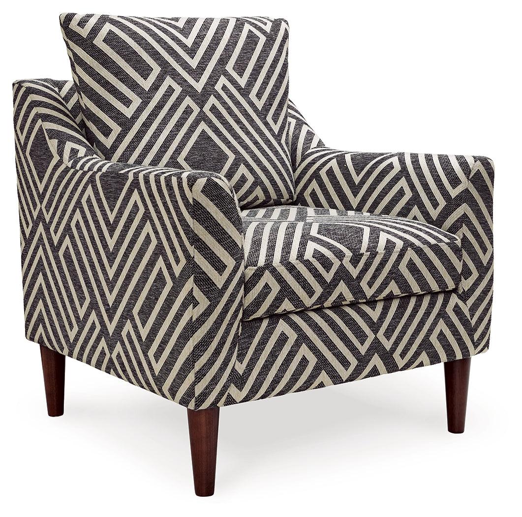 Side angle of Morrilton Next-Gen Nuvella Accent Chair showing geometric fabric