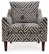 Close-up of the chair's shelter arm and fabric pattern