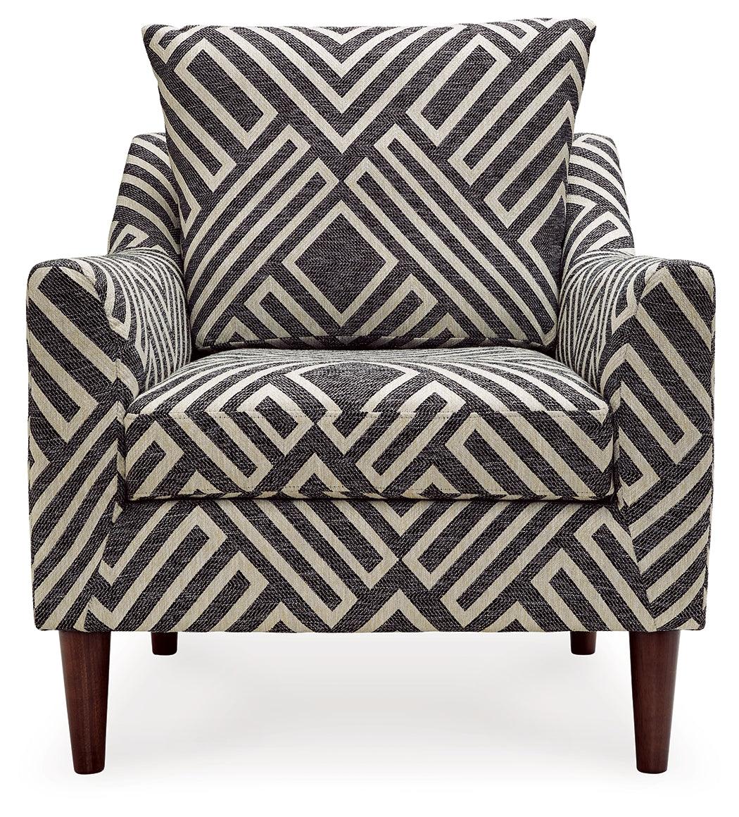 Close-up of the chair's shelter arm and fabric pattern
