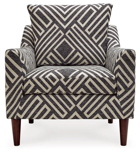 Close-up of the chair's shelter arm and fabric pattern