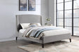 Mosby Eastern King Upholstered Platform Bed with curved headboard in light grey, front angle