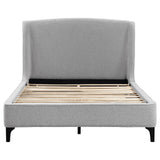Mosby King platform bed showing thick padded sides in light grey boucle