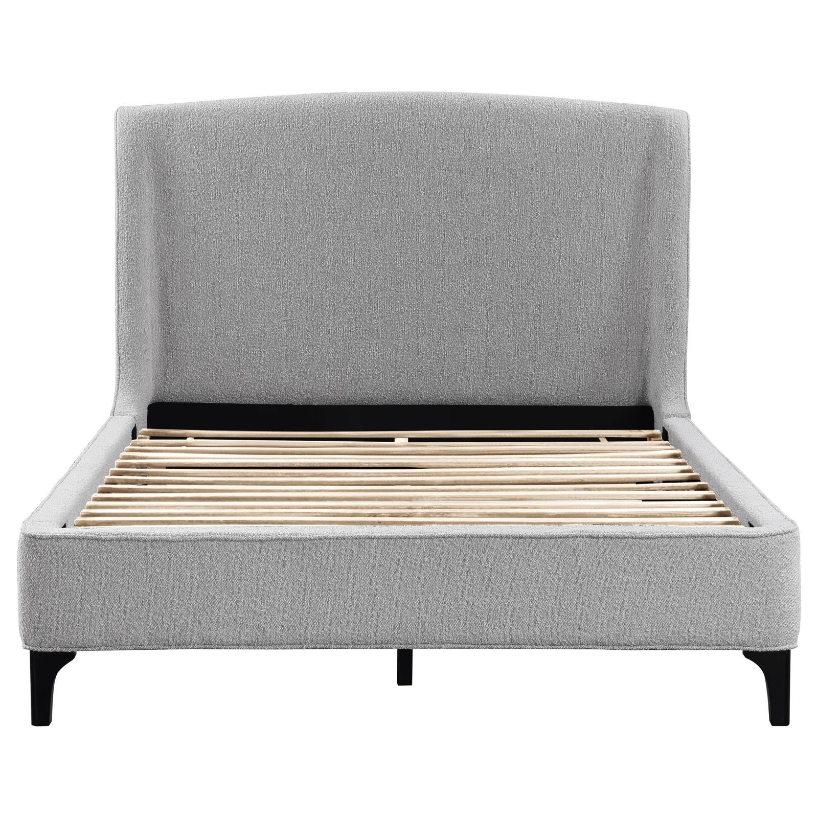 Mosby King platform bed showing thick padded sides in light grey boucle