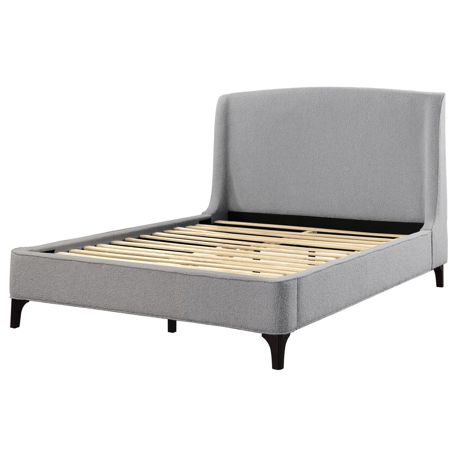 Full view of Mosby Eastern King upholstered bed frame in light grey