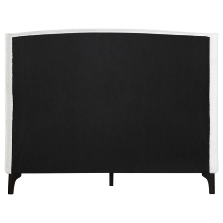 Mosby Eastern King Upholstered Curved Headboard Platform Bed White close-up on stitching detail