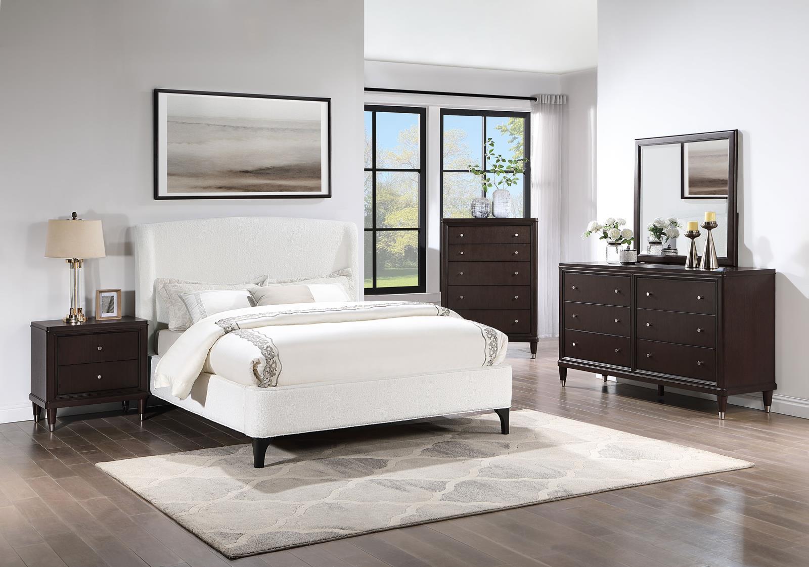 Mosby Queen Upholstered Curved Headboard Platform Bed White overall room setting