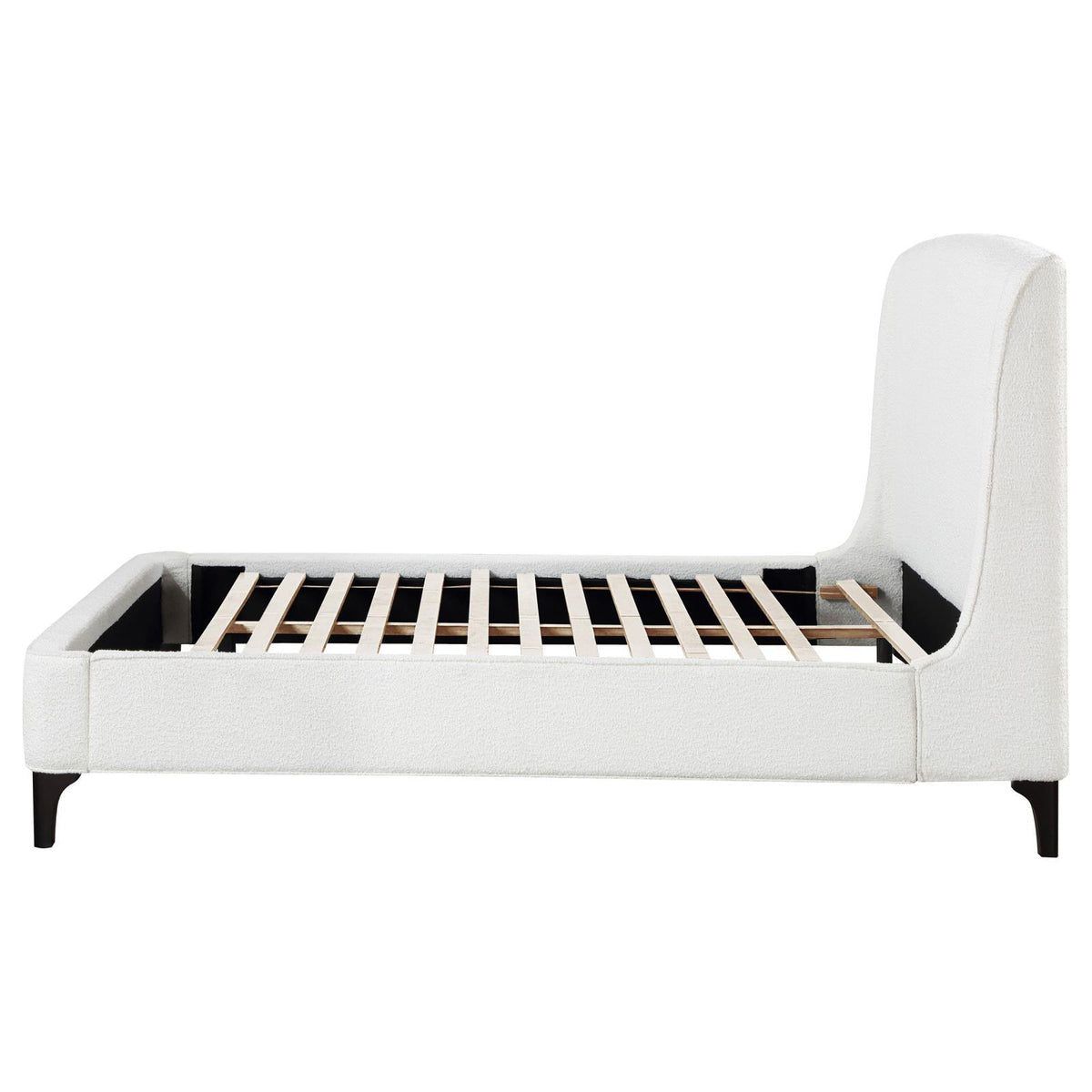 Mosby Queen Upholstered Curved Headboard Platform Bed White leg and support detail