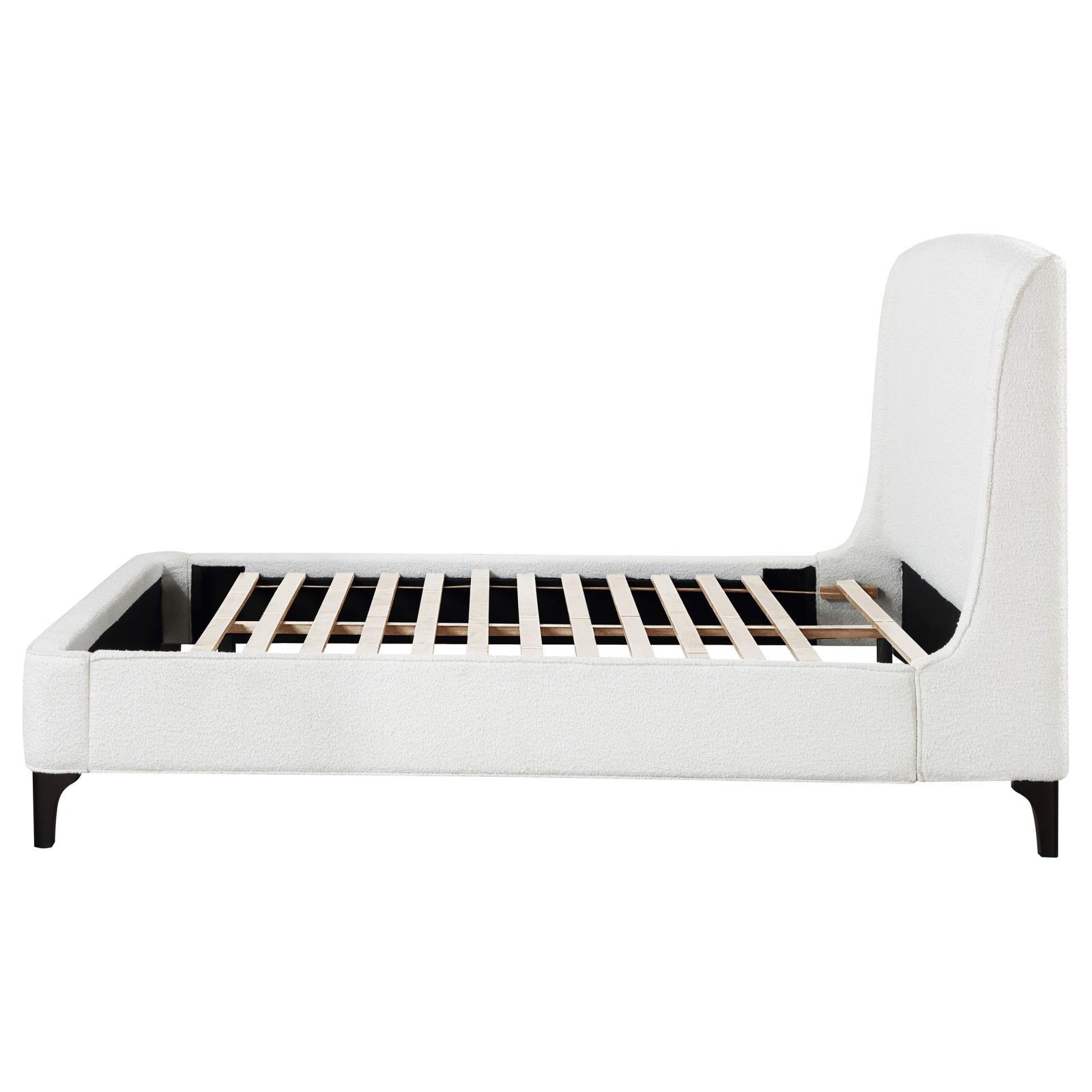 Mosby Queen Upholstered Curved Headboard Platform Bed White leg and support detail