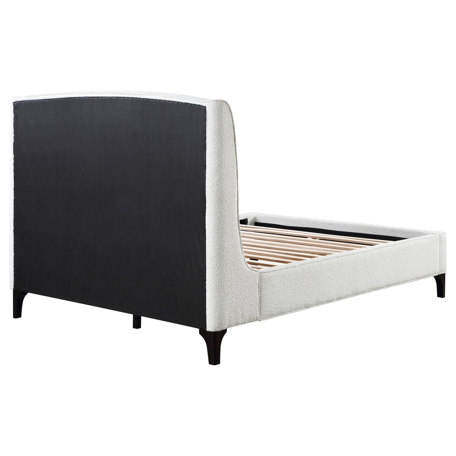 Mosby Queen Upholstered Curved Headboard Platform Bed White mattress on bed