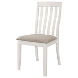 Nogales off white vertical slat back dining side chair padded seat close-up
