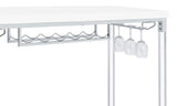 Under-table view emphasizing acrylic legs and storage racks