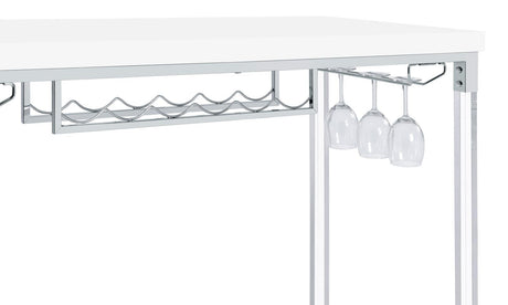 Under-table view emphasizing acrylic legs and storage racks