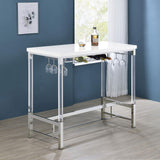 Side view of Norcrest white high gloss bar table showing acrylic legs