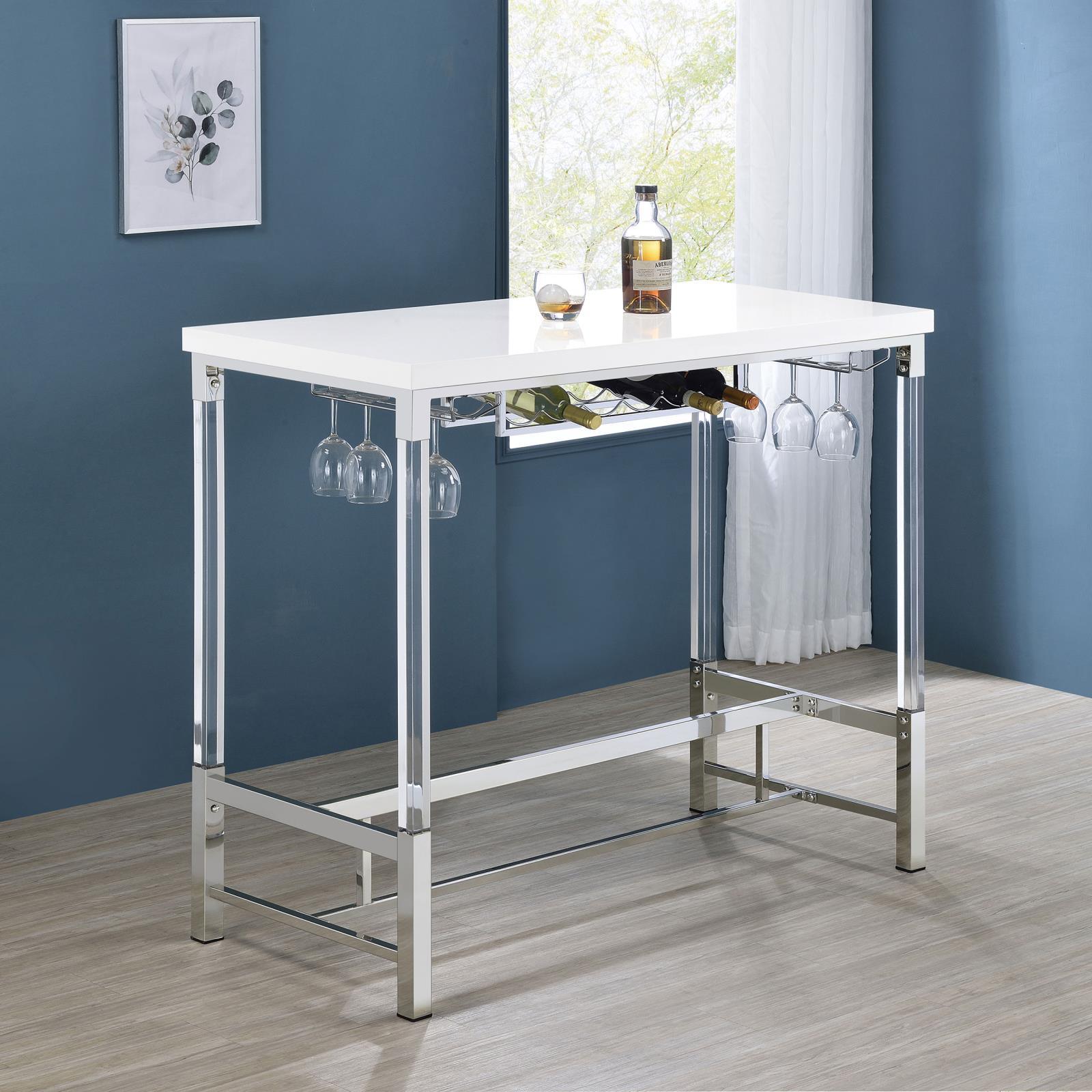 Side view of Norcrest white high gloss bar table showing acrylic legs
