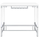 Close-up of built-in six-bottle wine rack under white bar table top