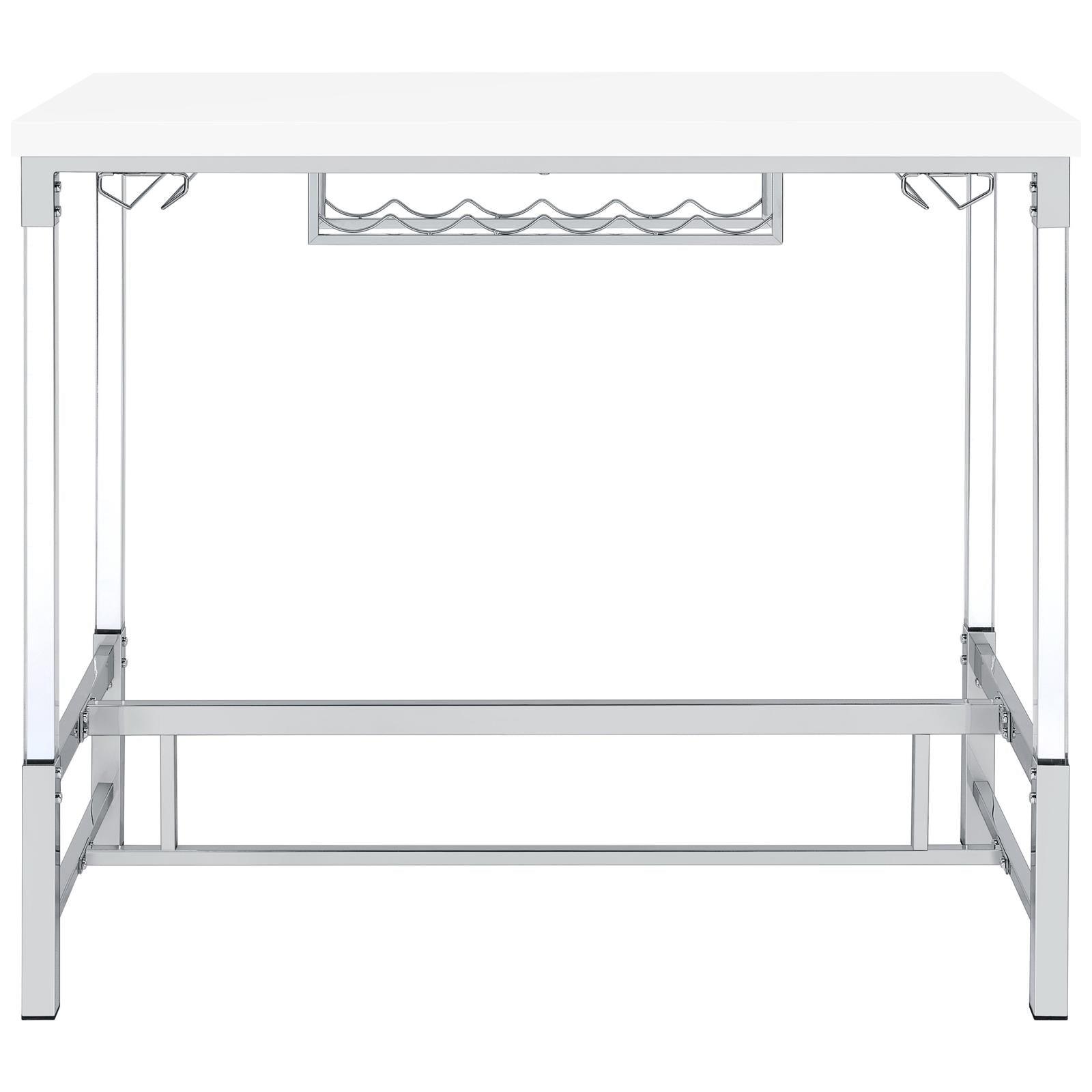 Close-up of built-in six-bottle wine rack under white bar table top