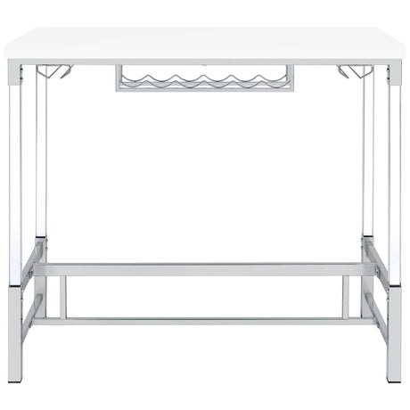 Close-up of built-in six-bottle wine rack under white bar table top