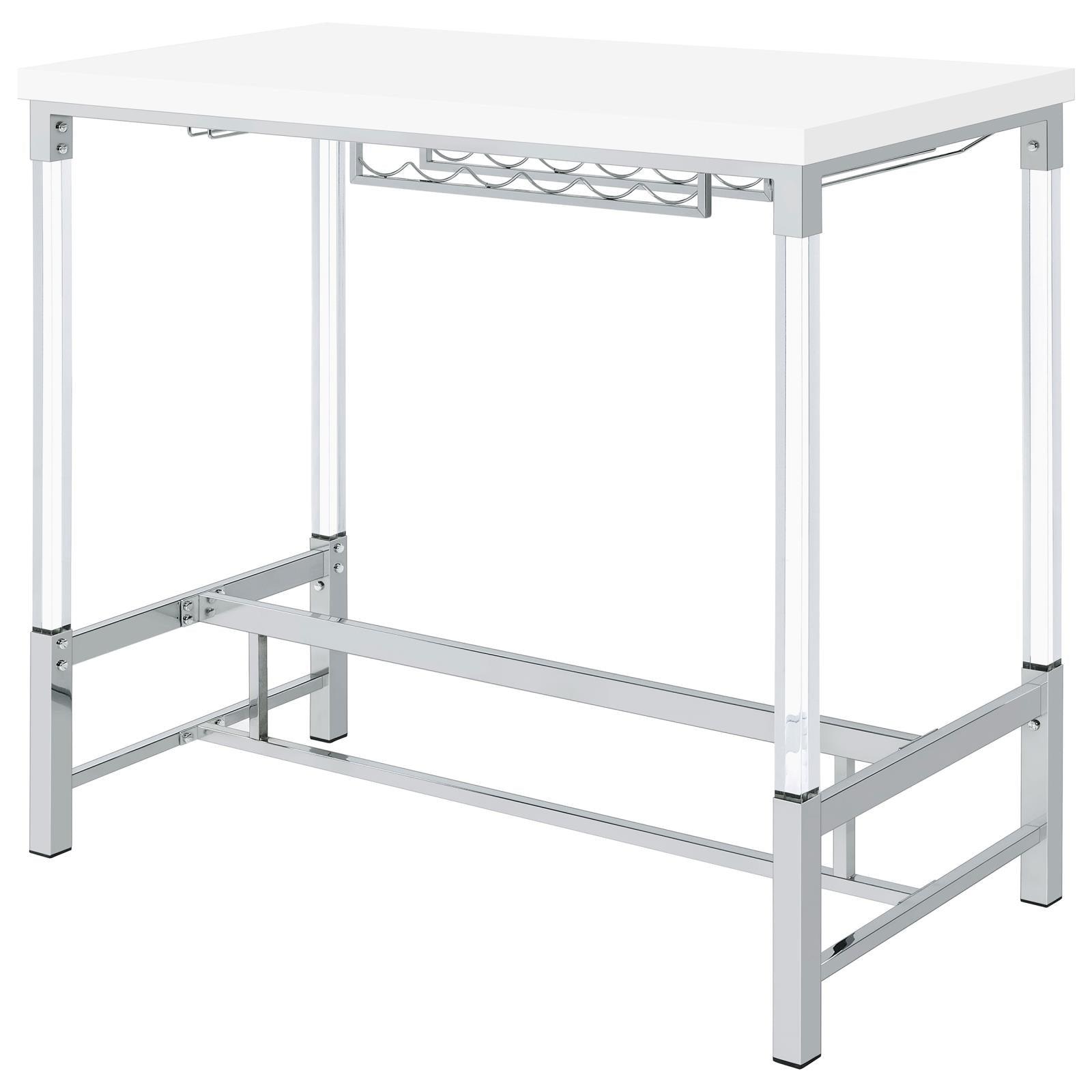 Norcrest bar table acrylic legs with plastic glides on hardwood floor