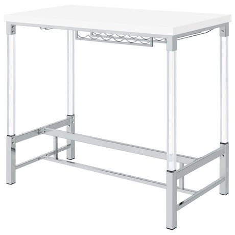 Norcrest bar table acrylic legs with plastic glides on hardwood floor