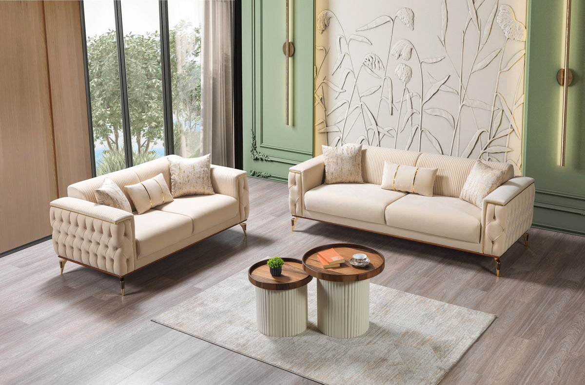 Close-up detail of ivory velvet upholstery