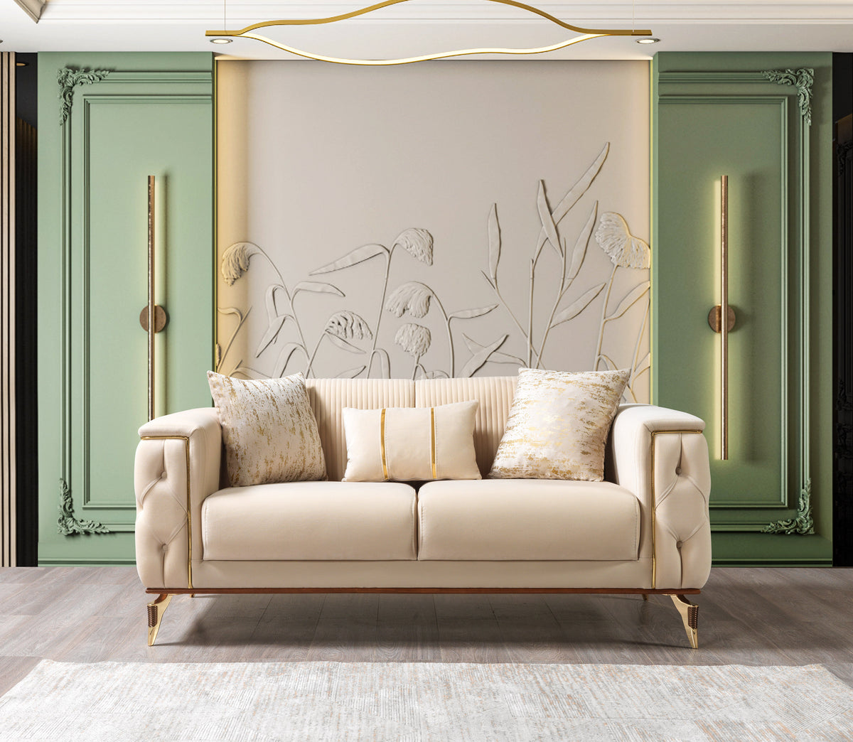 Side view of Vivian Ivory Velvet Loveseat 69"